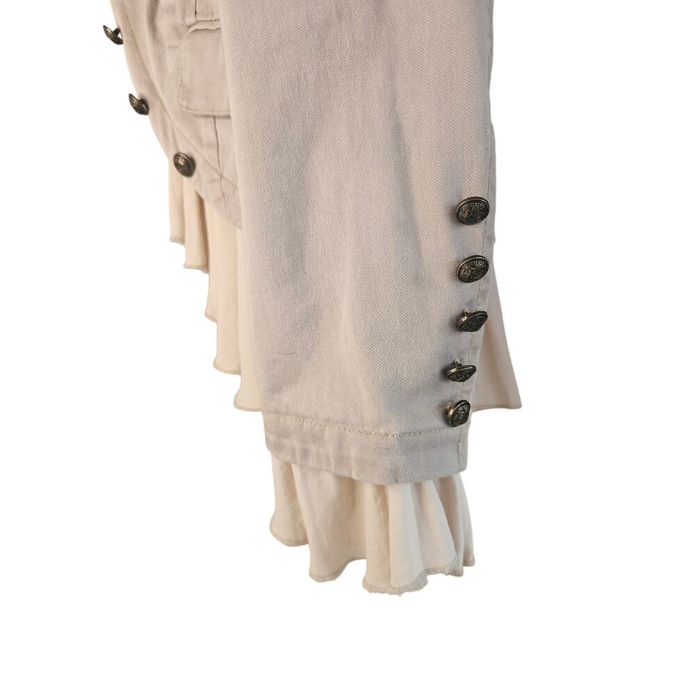 Free People Romance Military Khaki Jacket Sz L Decorative Buttons Pockets Rufled - Picture 6 of 10